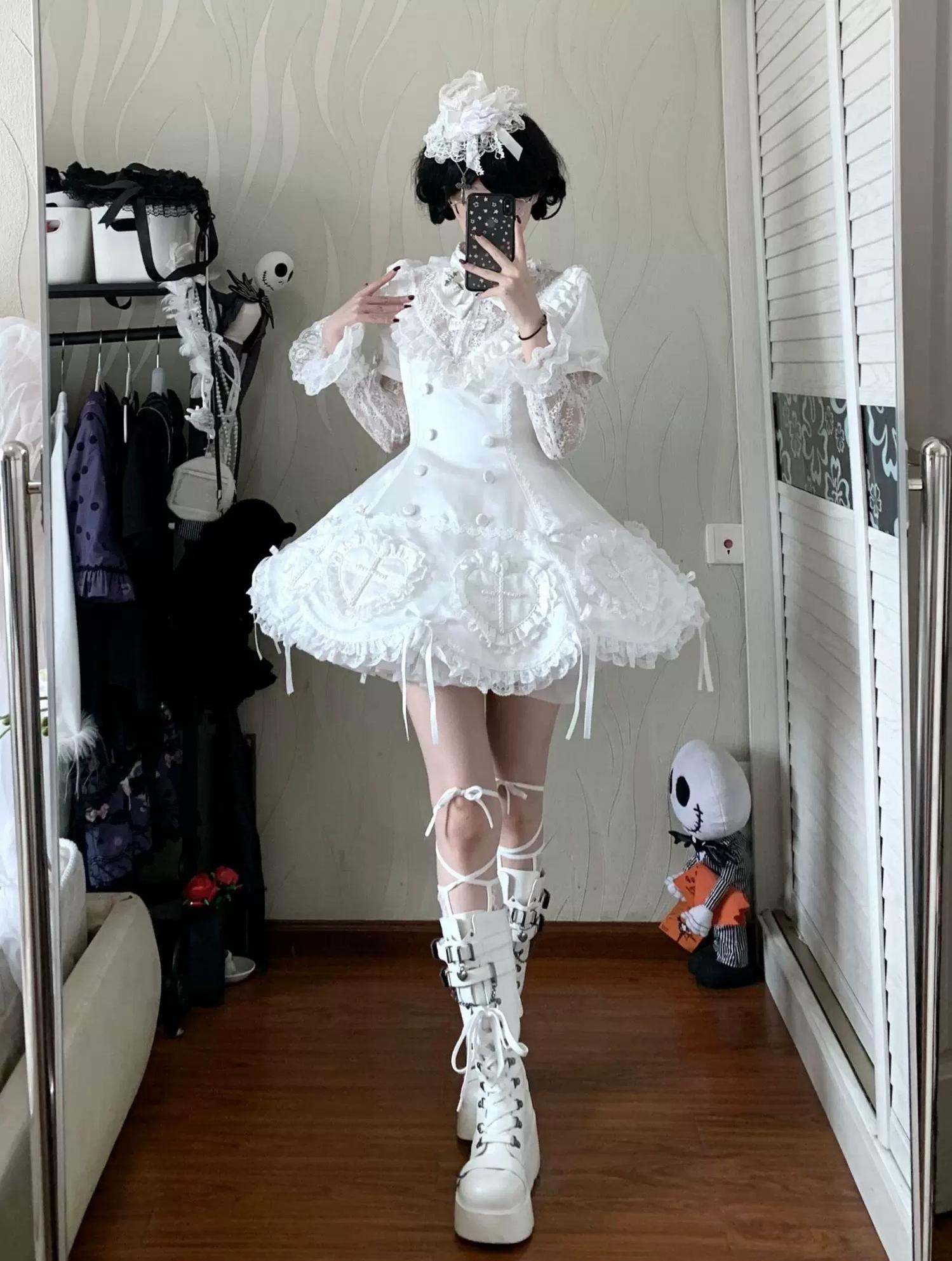 Nocthymn Cross - Gothic Lolita OP Dress with Pearled Cross, Detachable Sleeves 45813:863438