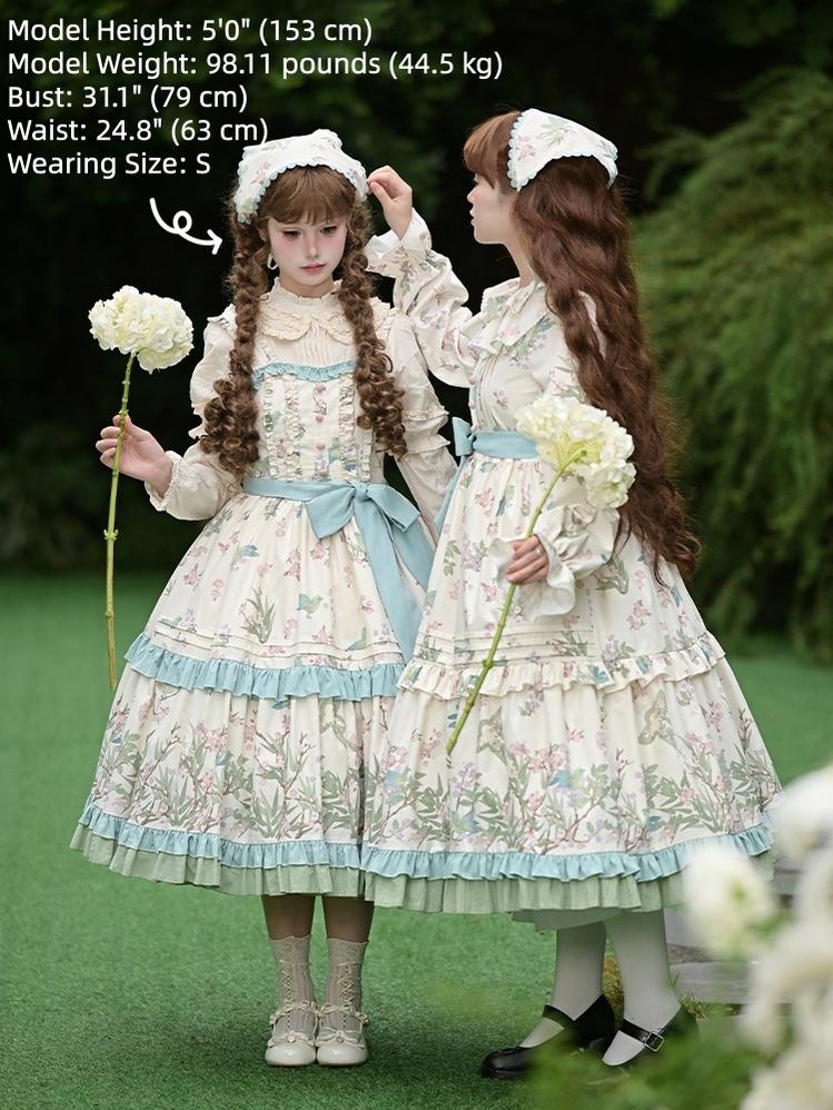 With PUJI - Oriole Time - Country Lolita JSK and OP Dress, Floral and Bird Print 44048:794583