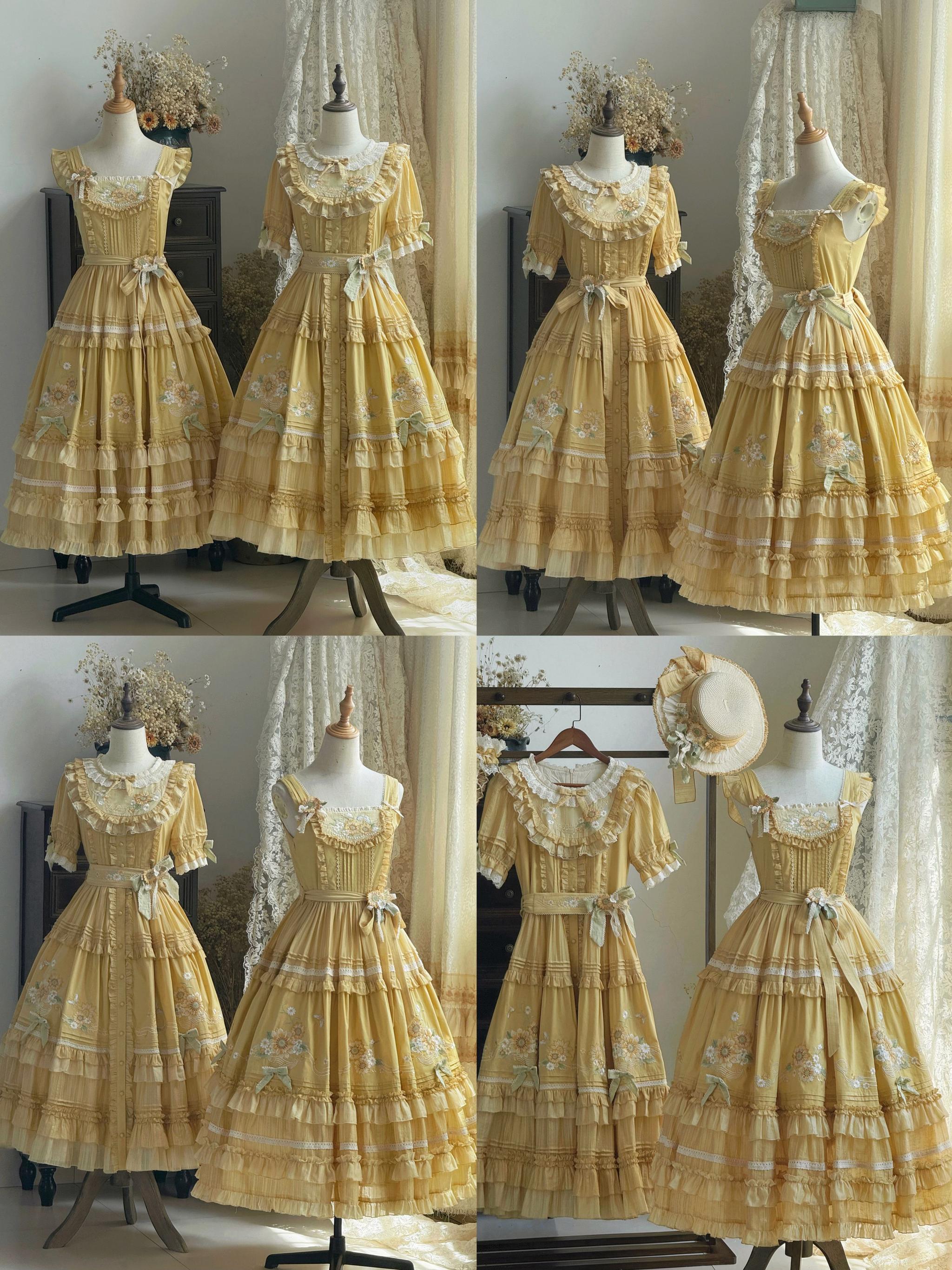 Moonlight Amber - Sunflower - Embroidered Country Lolita Dress, Tiered Skirt