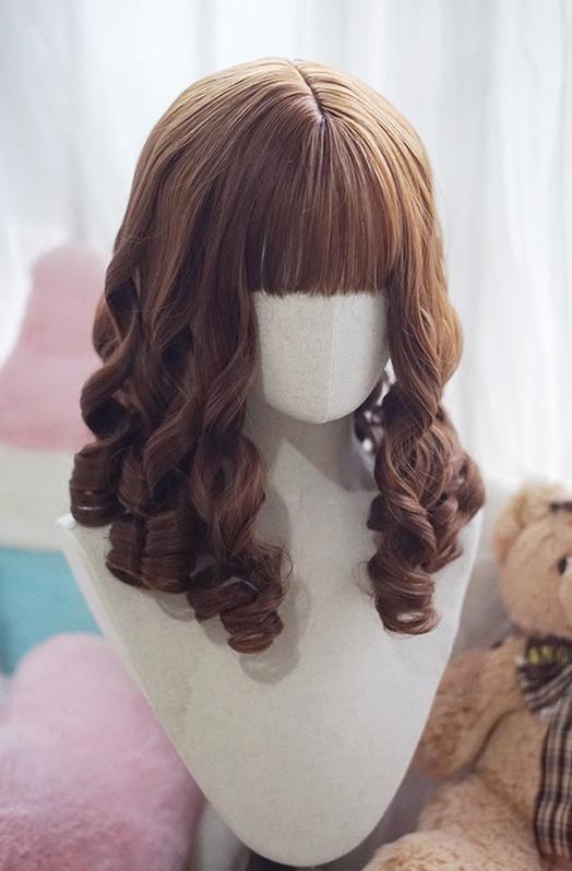 Doll-like Elegant Lolita Bangs Wig, Roman Curl Brown