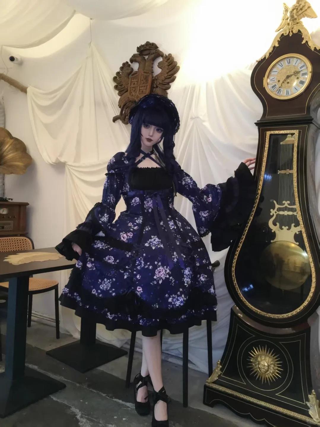 Starry Whisper - Six-panel Old School Lolita Rose Print OP Dress, Back Opening 45791:865224