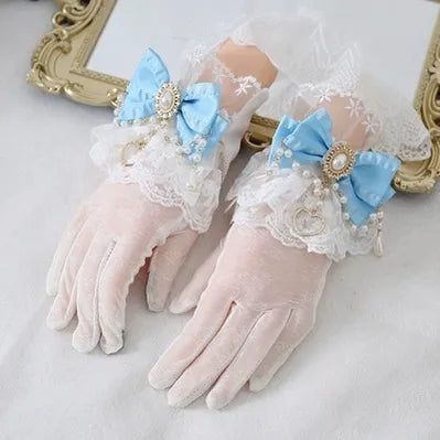 Xiaogui~Vintage Lolita Gloves Lace Bow Bead Chain Sunscreen Gloves milky blue  