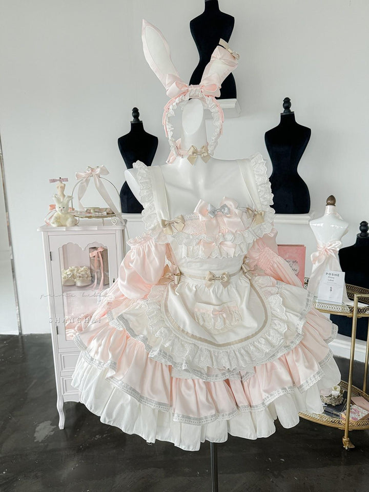 POSHEPOSE~Maid Bunny~Gorgeous Sweet Lolita OP Dress with Detachable Sleeves and Apron