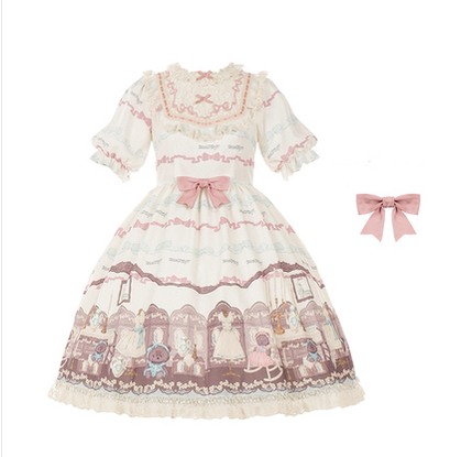 With Puji~Brown Doll House~Kawaii Lolita Brown Print JSK and OP Dress S white op+a bow 