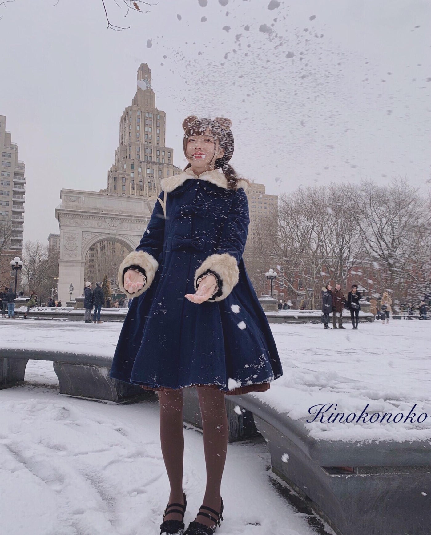 Unideer~Winter Lolita Coat Wool Bow Overcoat S Dark Blue 