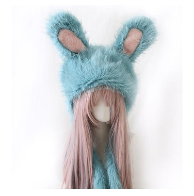 Xiaogui~Sweet Lolita Hat Bunny Ear Plush Warm Headwear M (56-58cm) Cyan blue 