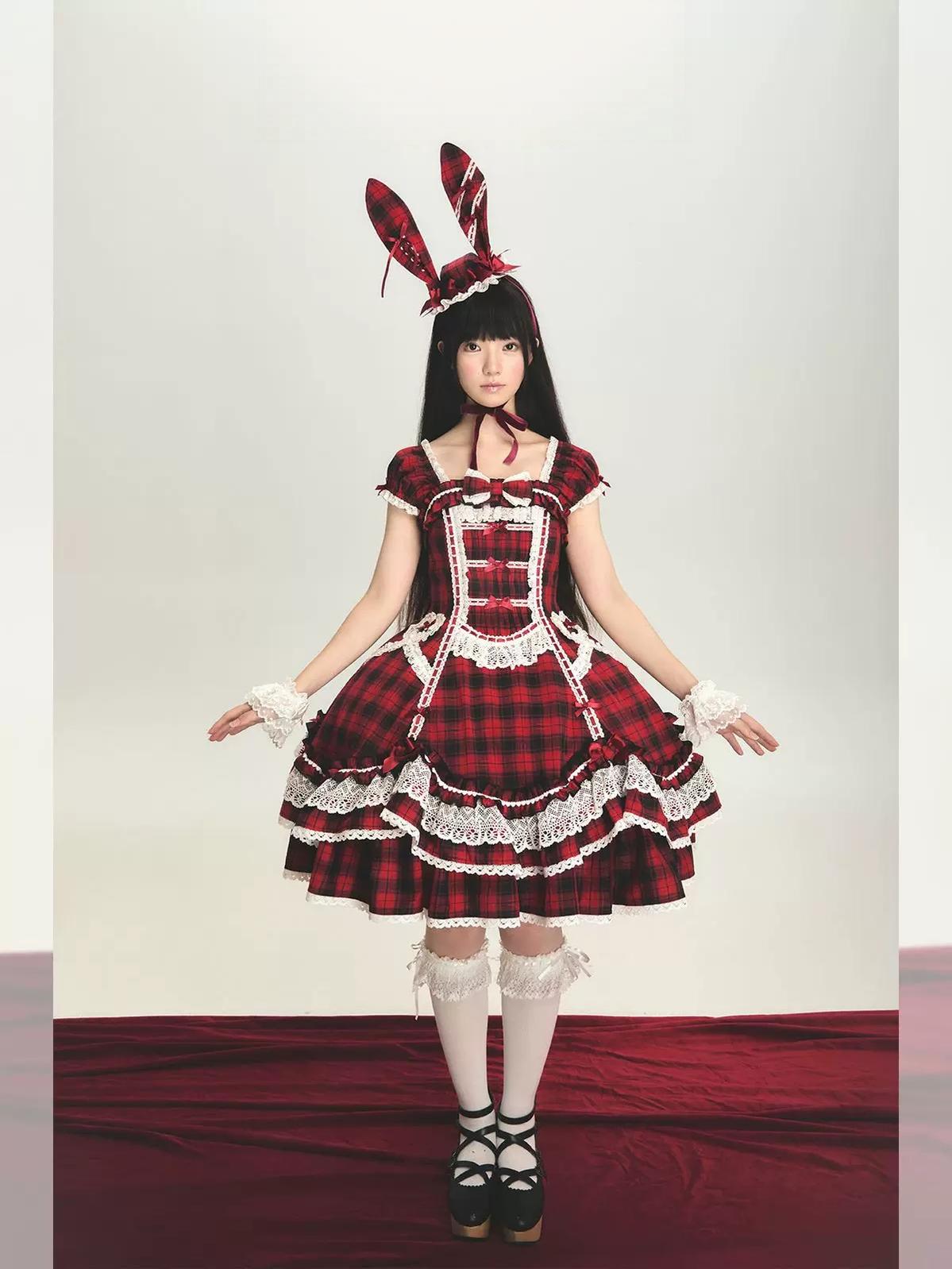 Plaid Lace Bunny - Old School Lolita Plaid OP Dress, Lace Trim 45992:871344