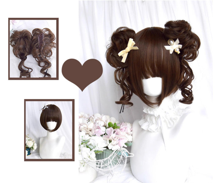 Sinwavy~Kawaii Lolita Brown Wig Cute Bun Ponytail Doll-like Wig Dark Brown - Short straight wig + A pair of buns  