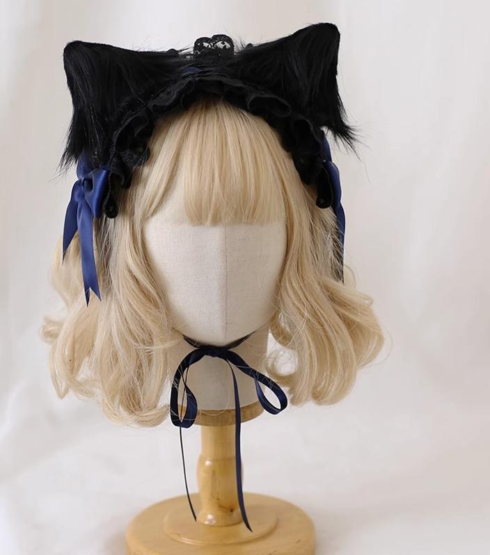 Xiaogui~Gothic Lolita Headband Cat Ear Hairpin Black cat ears + dark blue headband  