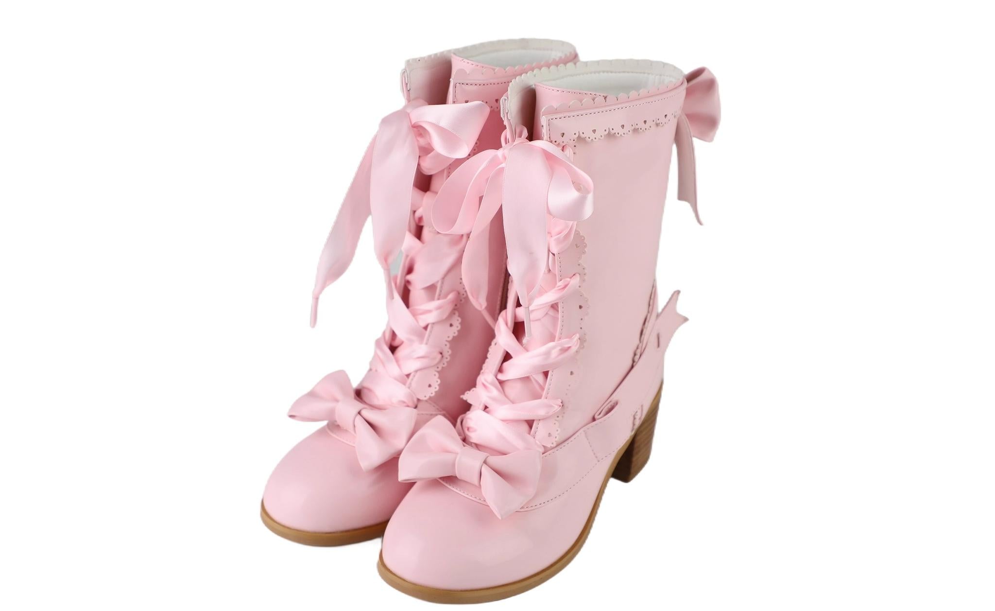 Sheep Puff - Sheepy Hooves - Kawaii Lolita Mid-Calf Boots, Side Zipper Glossy Pink 34