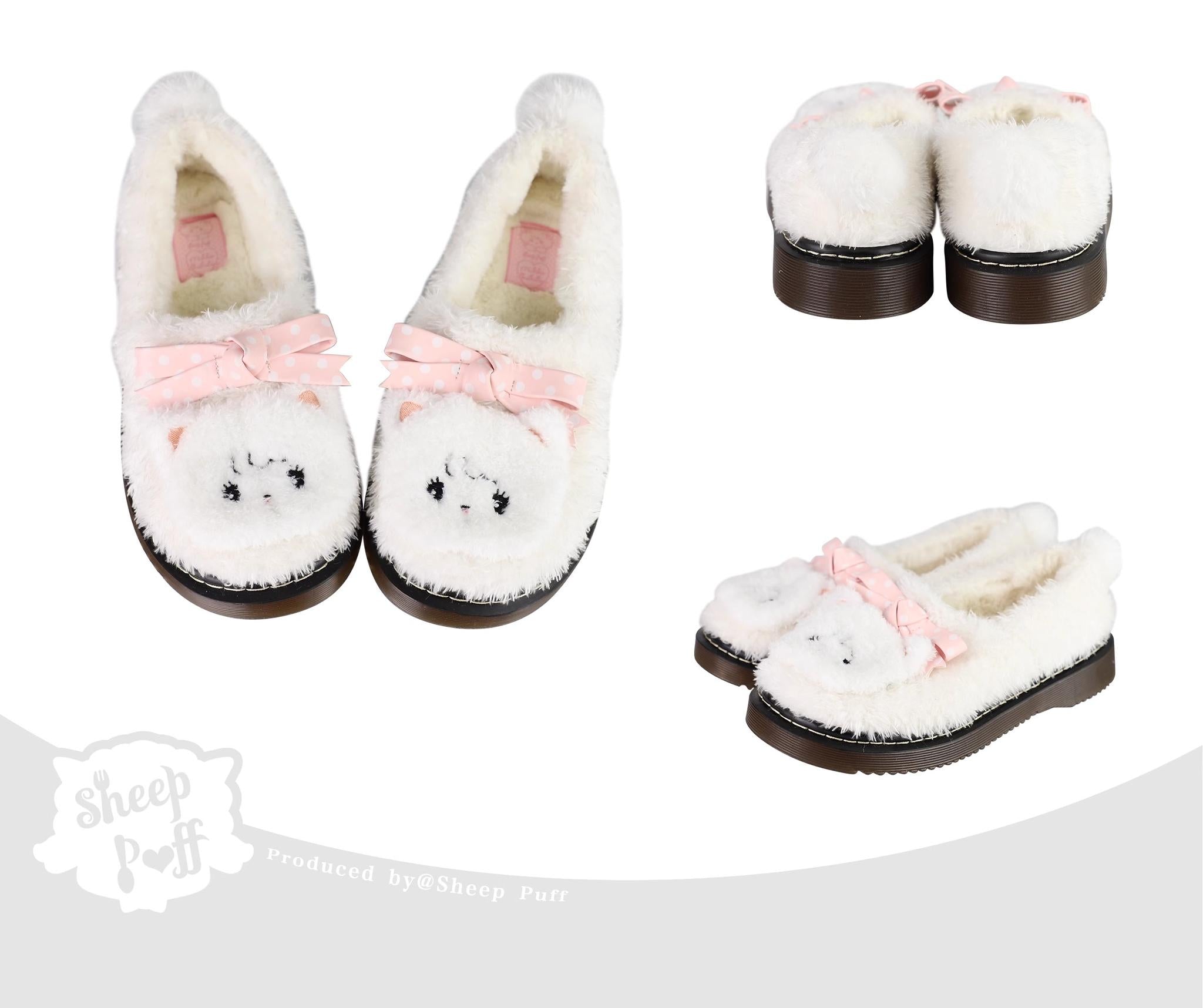 Sheep Puff - Mikko Rolled - Winter Lolita Shoes Warm Fleece Shoes White 34
