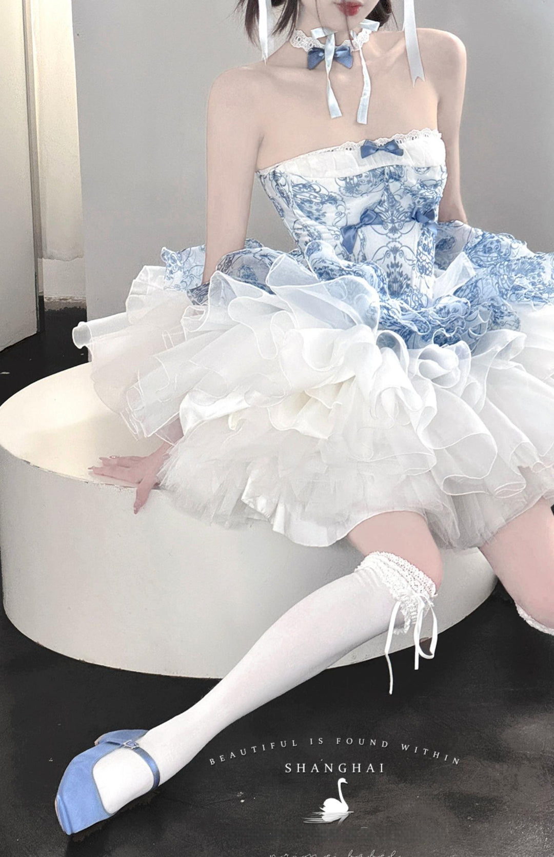 POSHEPOSE~Blue and White Porcelain~Princess Lolita Cake Skirt JSK Dress Plush Cape