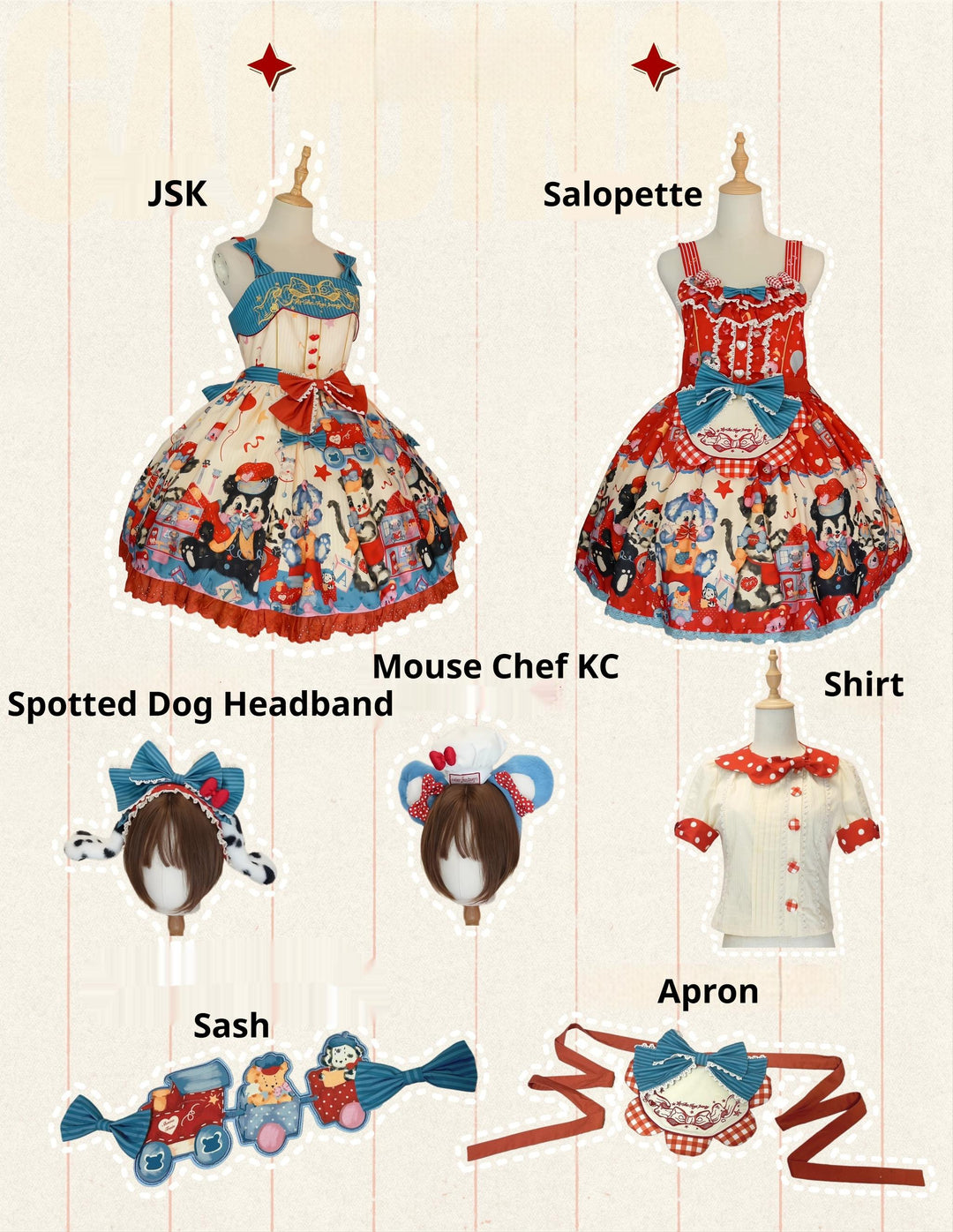 Star Fantasy~The Dogs Party~Kawaii Lolita Dress Set with JSK Salopette and Shirt