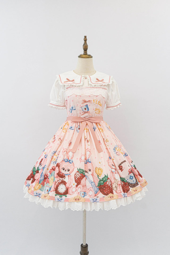 Doll tea party~Showa Rabbit~Kawaii Lolita Dress Summer Sweet Lolita OP JSK S Pink JSK 