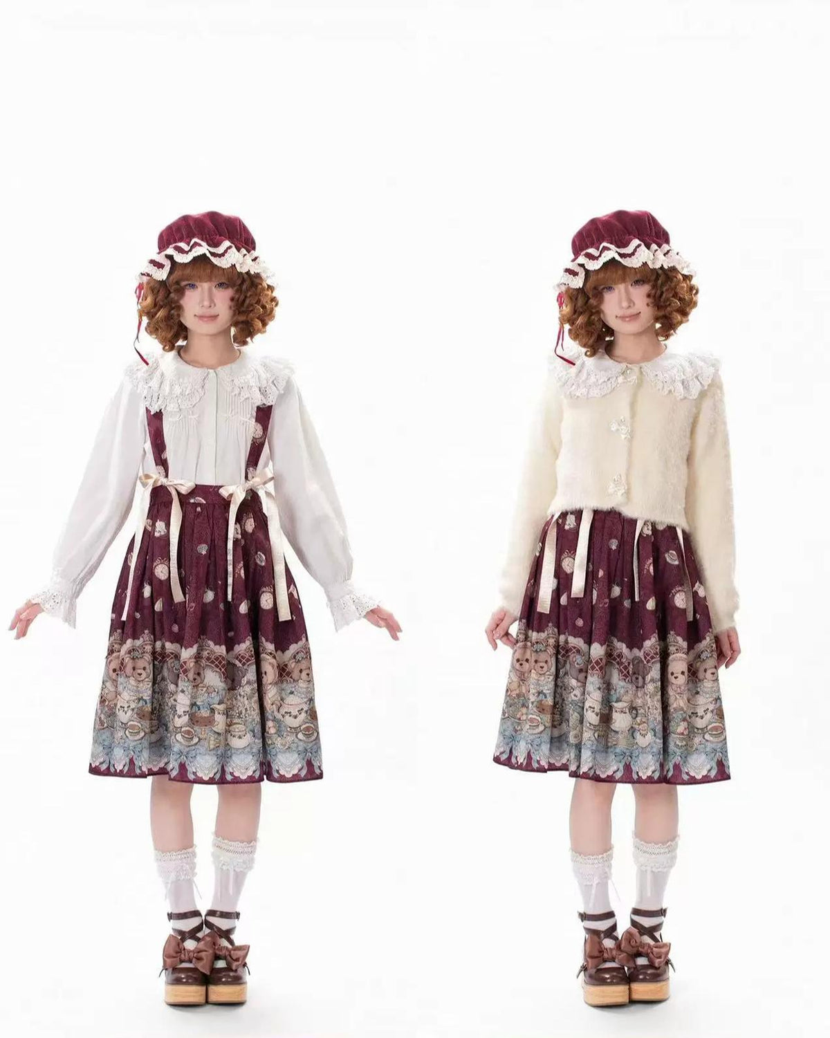 Bear's Tea Party - Kawaii Vintage Lolita Suspender Skirt, Bear Print 46007:871907