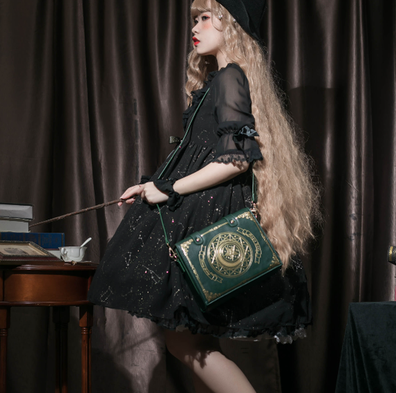 Morning Glory~The Star-Moon Grimoire~Sweet Lolita Crossbody Clamshell bag dark green (small) in-stock