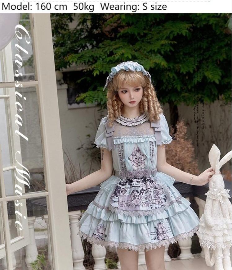 Honey Machine~Doll Theater~Sweet Lolita OP/JSK Bunny Print Daily Lolita Dress S OP with apron 