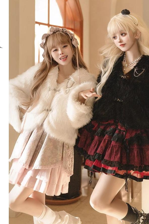 Urtto~Snow Song~Winter Lolita Coat Faux Fur Warm Plush Set   