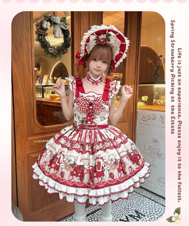 Strawberry Garden - Sweet Lolita JSK & OP Dress, Strawberry Print 44455:810083