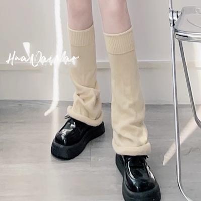 Hua Nai Cat~Winter Lolita Knit Leg Warmer Mid-Calf Socks Free size Warm apricot color - 50cm roll rim-with free anti-slip transparent band 