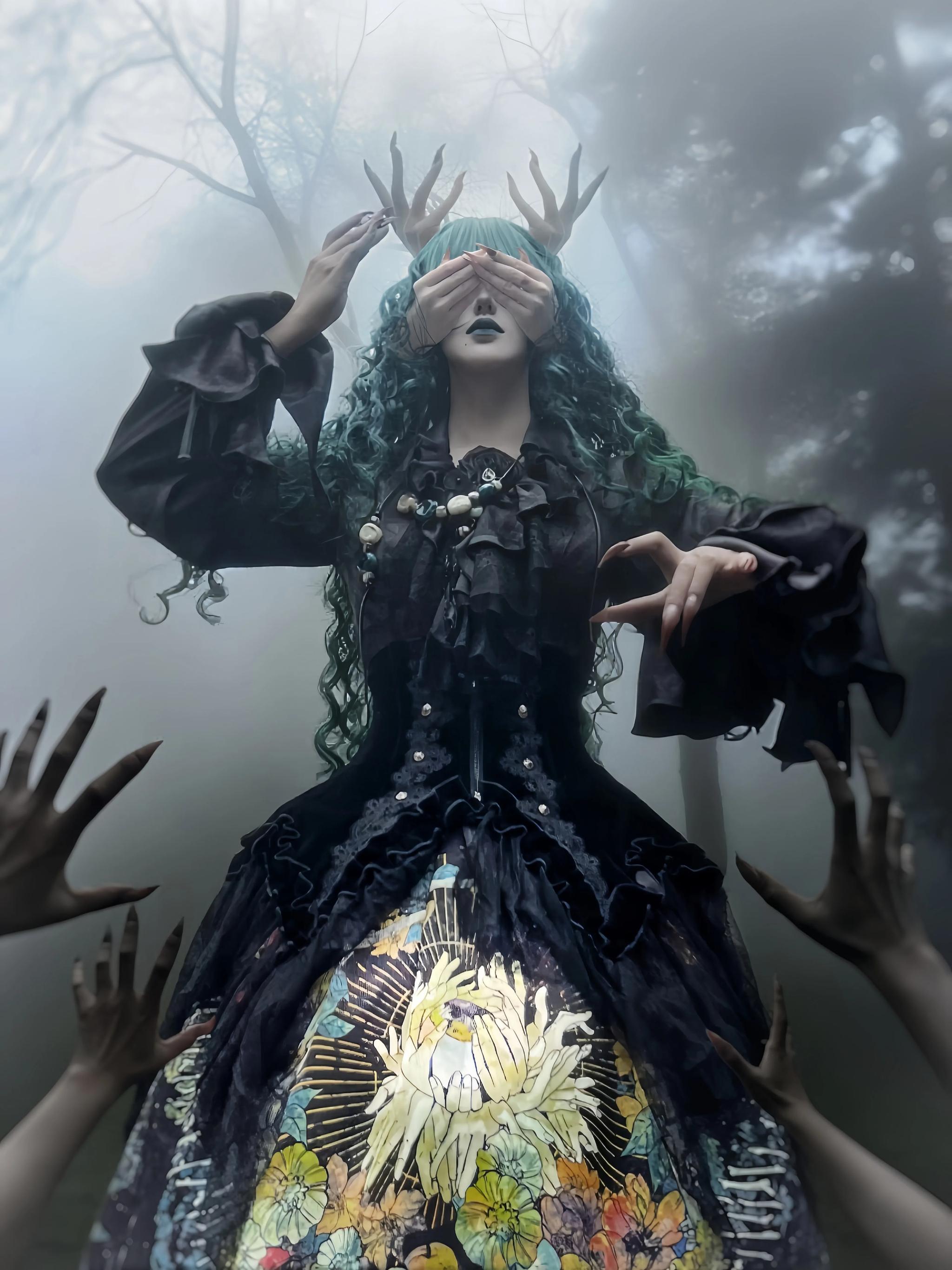 Bone Garden - Printed Gothic Lolita Skirt, Boning Corset