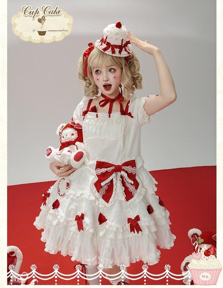 Mademoiselle Pearl - Cup Cake - White, Red Bow, Sweet Lolita Dress Set
