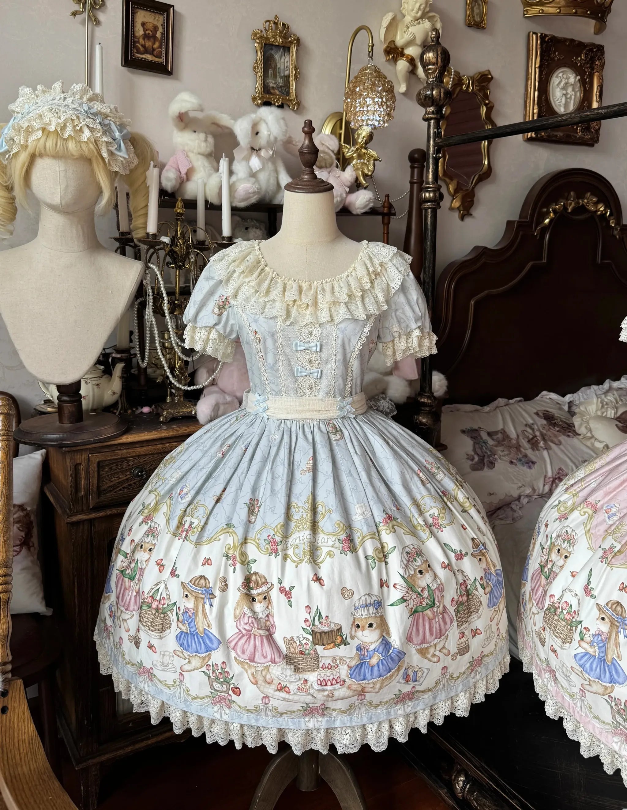 Picnic Bunny - Cotton Daily Doll-like Lolita OP Dress, Bunny Print (L M S XL) 45670:858006