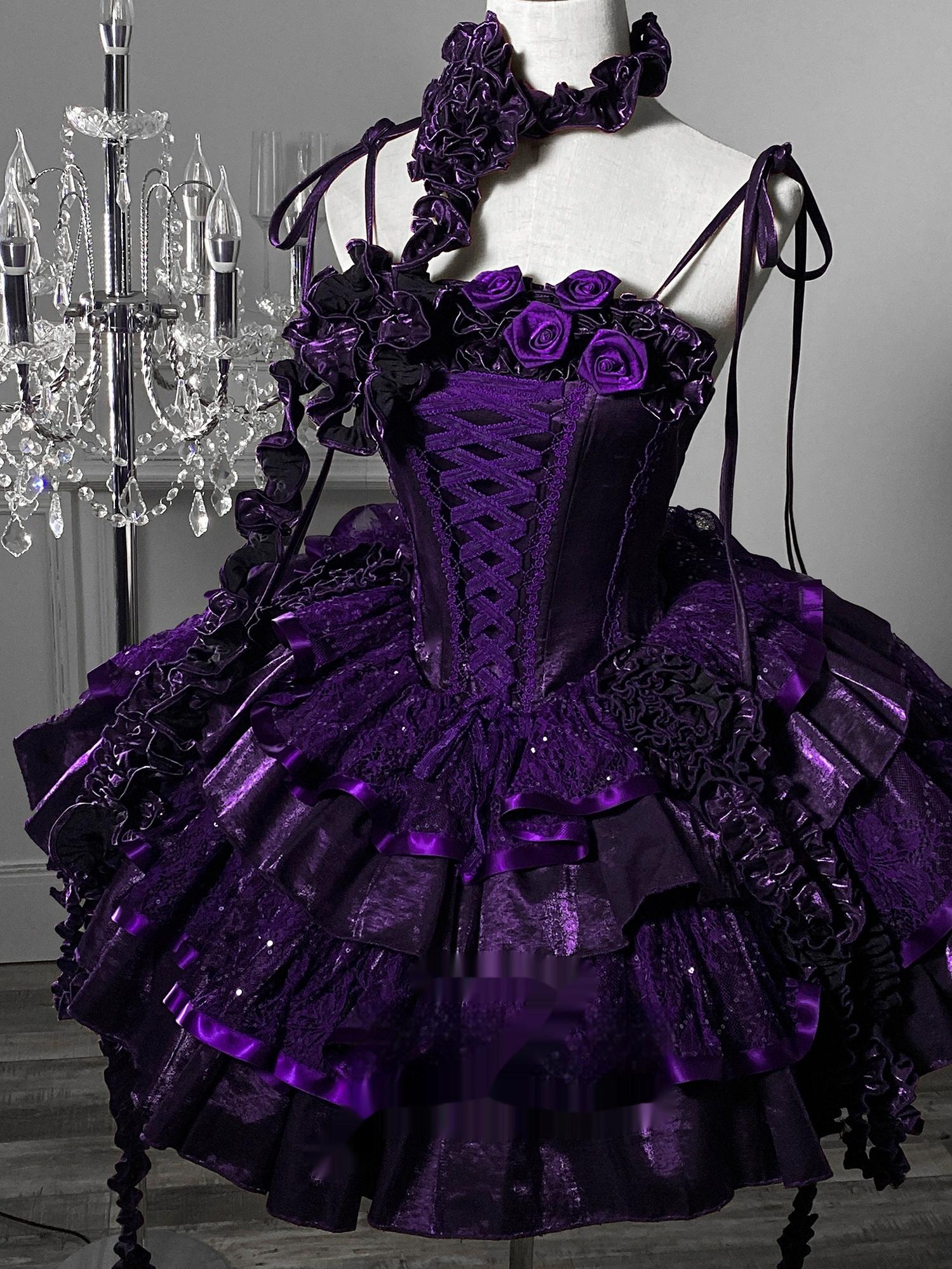 Silent Manor - Purple Gothic Lolita JSK with Built-in Soft Fishbone S Purple