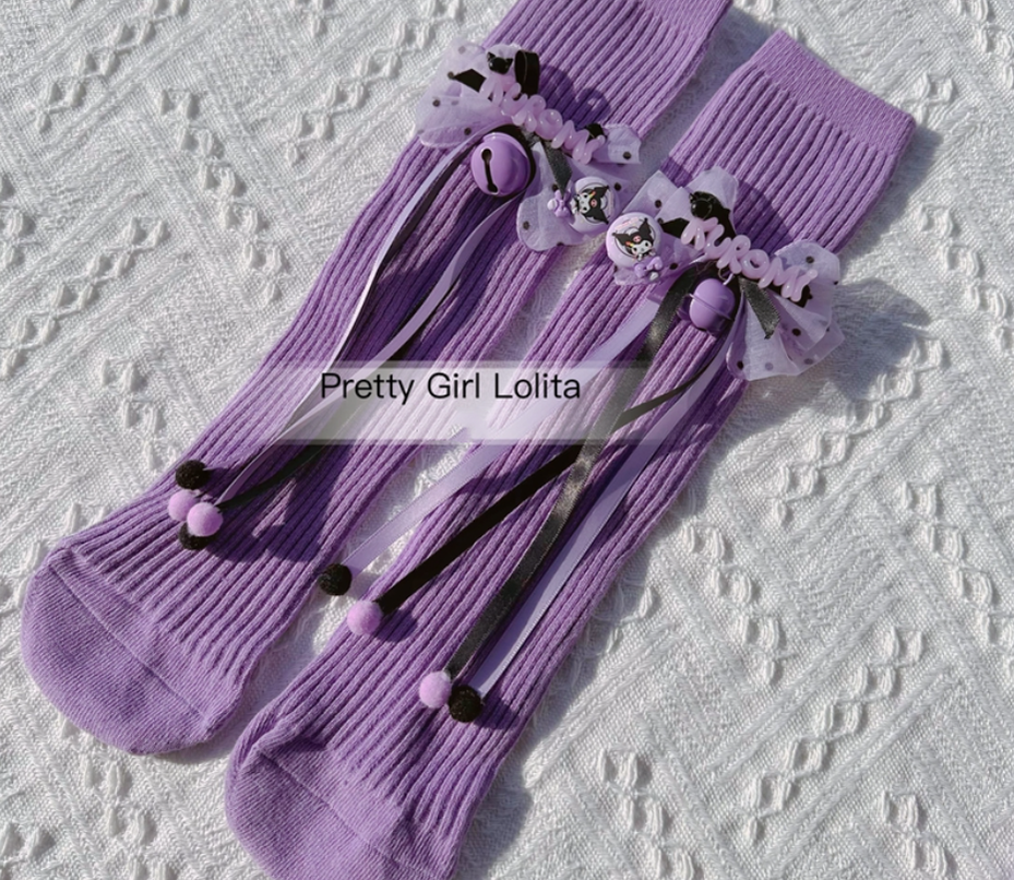 Pretty Girl Lolita - Purple Black Cartoon Kulomi - Kid Lolita Accessory Clips and Cane sock clips+a pair of socks