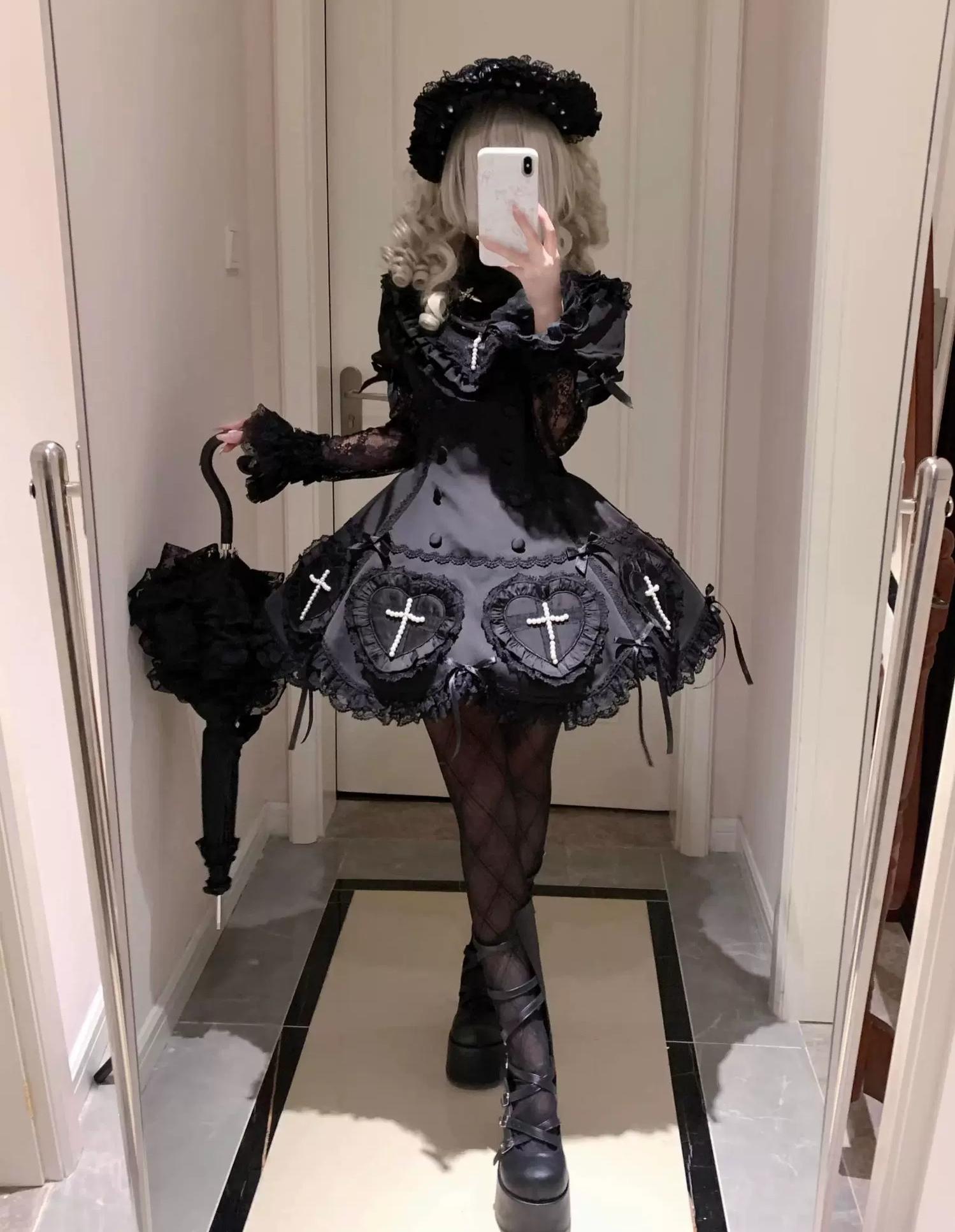 Nocthymn Cross - Gothic Lolita OP Dress with Pearled Cross, Detachable Sleeves 45813:863452