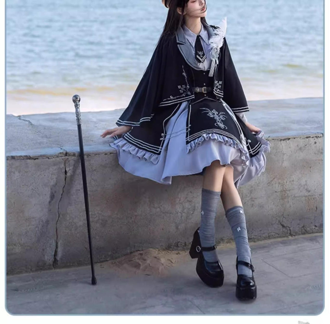 CHUNLV LOLITA~Dark Night Contract~Blue Military Lolita Dress Suit Skirt Elegant OP Cape