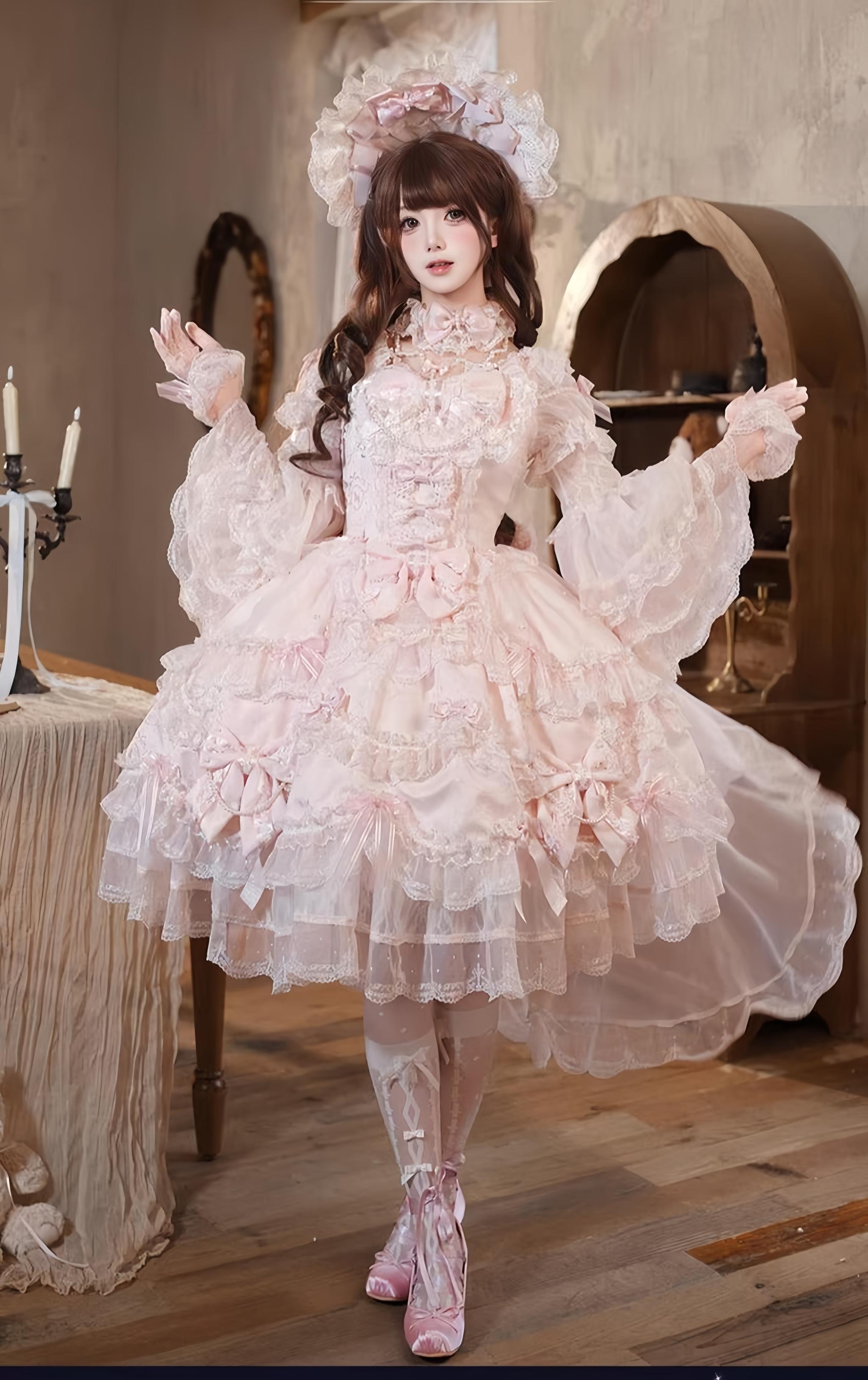 Showa Doll SP - Sweet Lolita Wedding OP Dress, Layered Hem Pink S Short Sleeve OP Only