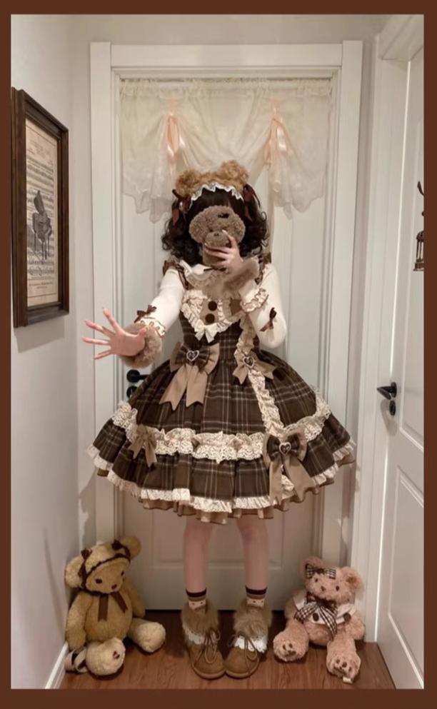 Choco Chestnut - Plaid Kawaii Lolita JSK Dress, Peter Pan Collar Cape 44501:810626