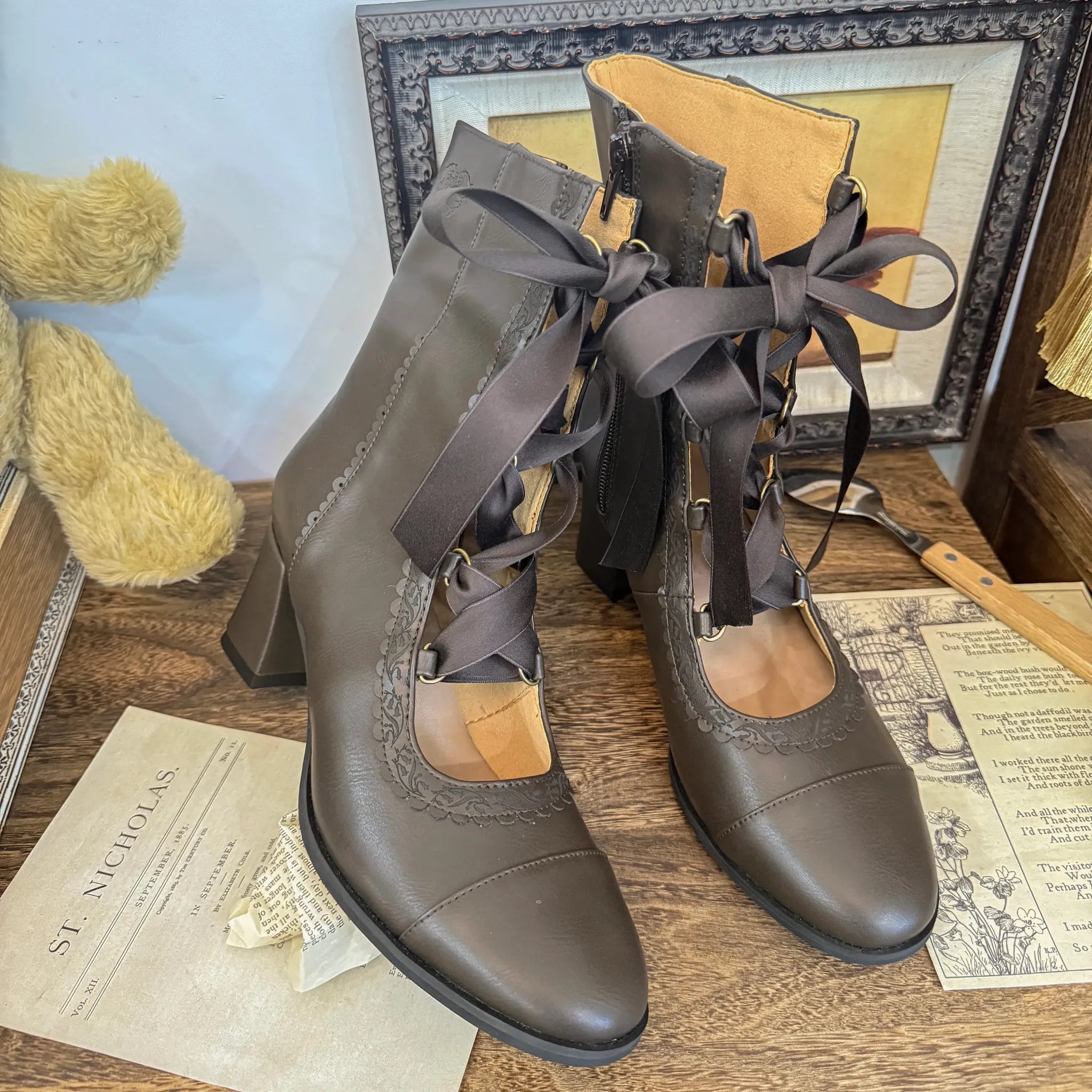 Angel Floral Wall - Classic Lolita Straps Ankle Boots, Side Zipper (35 36 37 38 39 40) 45766:861695