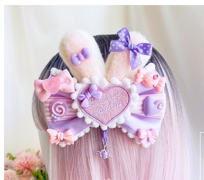 (Buy for me)Sweetheart Endless~Sweet Lolita Lace Rabbit Ears Cuffs Multicolor a purple-pink heart badge (not cuff)  