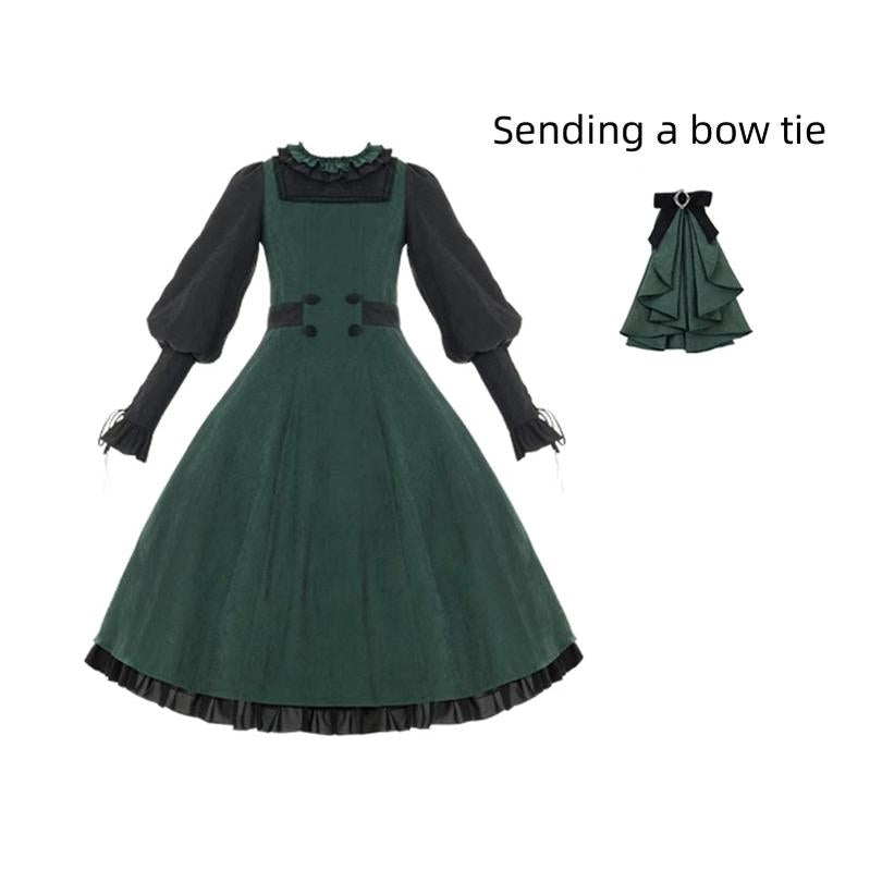 With PUJI~College of Potions~Elegantt Lolita OP Dress Black and Green Dress with Cape OP + bow tie S 