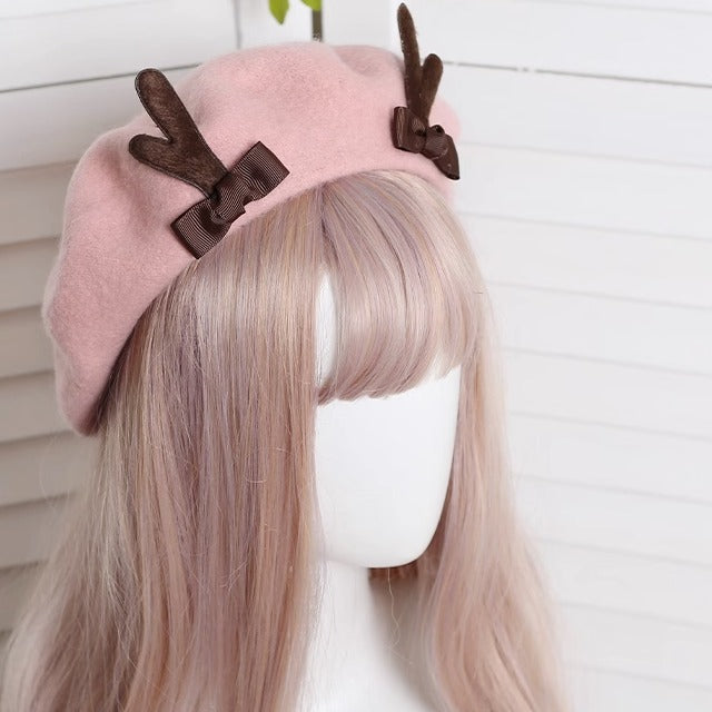Xiaogui~Kawaii Lolita Deer Horn Beret Christmas Multicolors M pink 