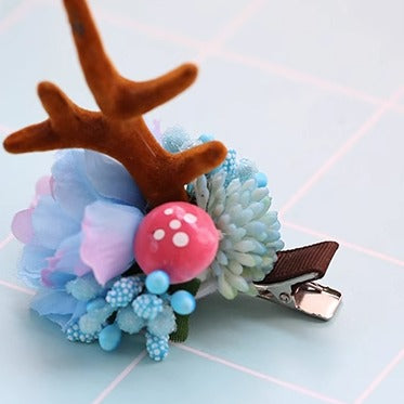 Xiaogui~Christmas Deer Horn and Daisy Lolita Hair Clips a pair of blue mushroom and deer horn hair clips  