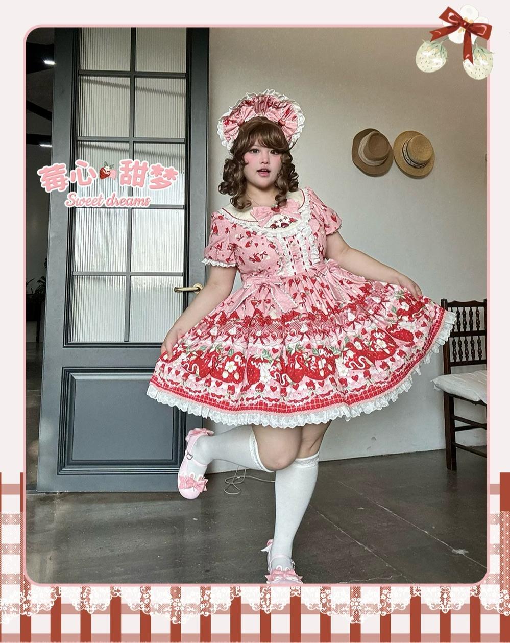 Berry Sweet Dream - Plus Size Sweet Lolita JSK and OP Dress, Strawberry Print 45378:851044