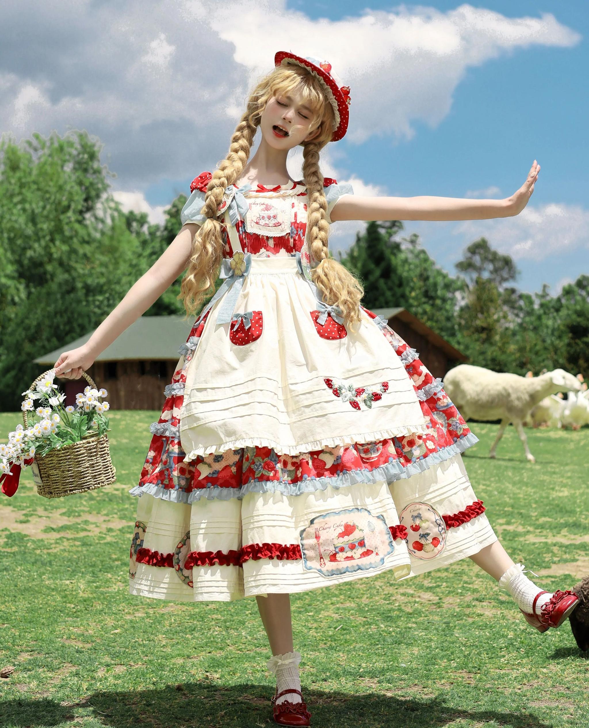Rose Whispers - Strawberry Tata - Sweet Lolita Dress Suit With Strawberry Cake Print
