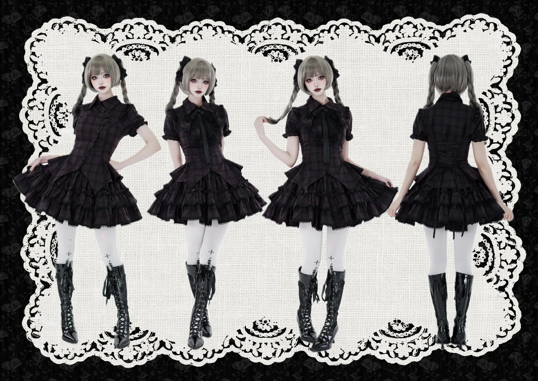 Lyra Nocturne - Gothic Lolita Slanted Placket Shirt Set, Plaid or Striped Purple and Red Plaid - Short Sleeve Shirt Only (without jabot) XS
