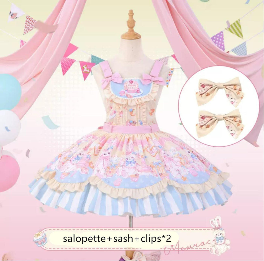 Mewroco~Party Bunny~Sweet Lolita Salopette Cute Daily Lolita Dress S Salopette+Sash+ A Pair of Side Clips 