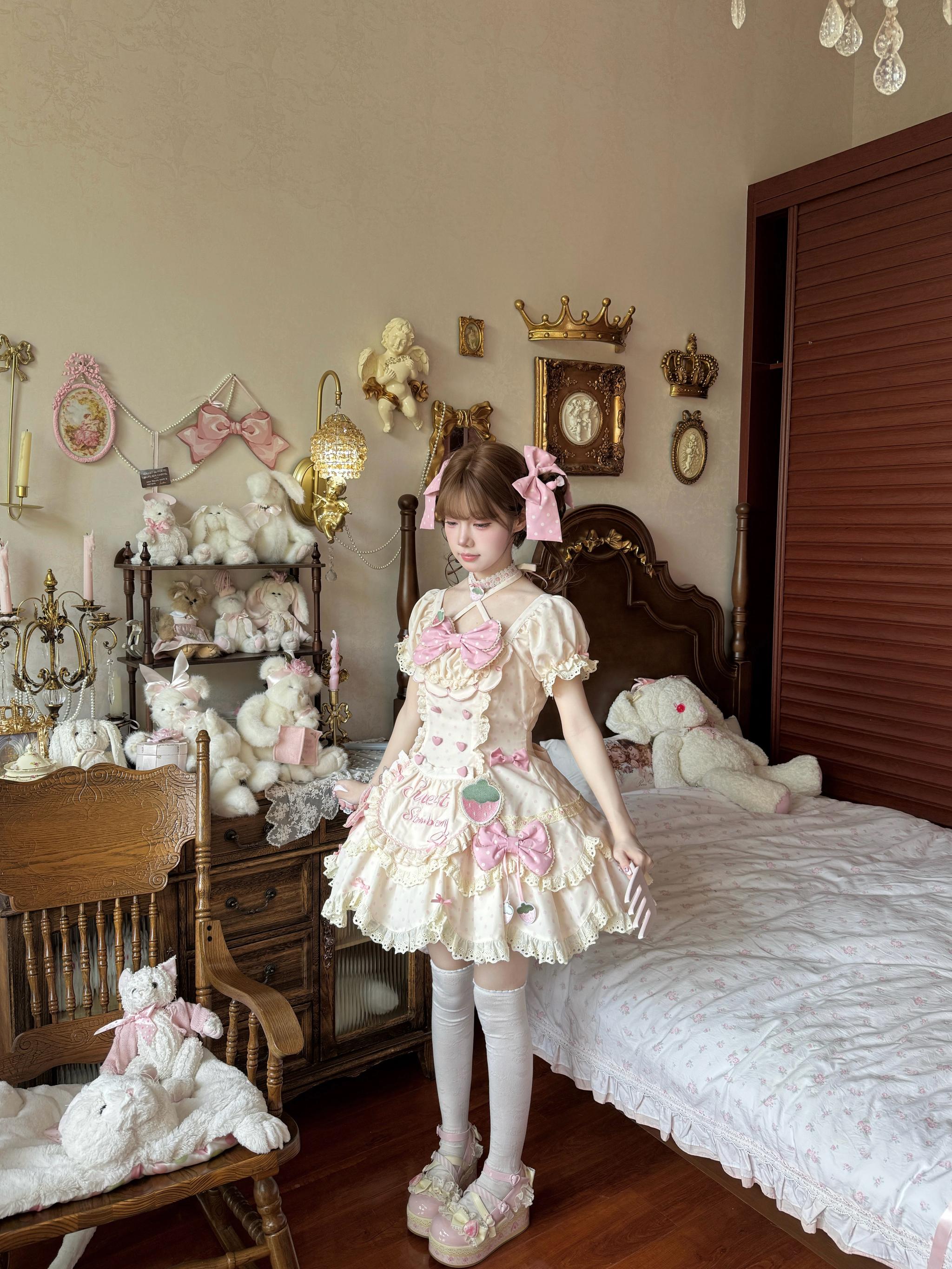 Salty Cream - Strawberry Polka Dot - Sweet Lolita OP Dress, Detachable Apron