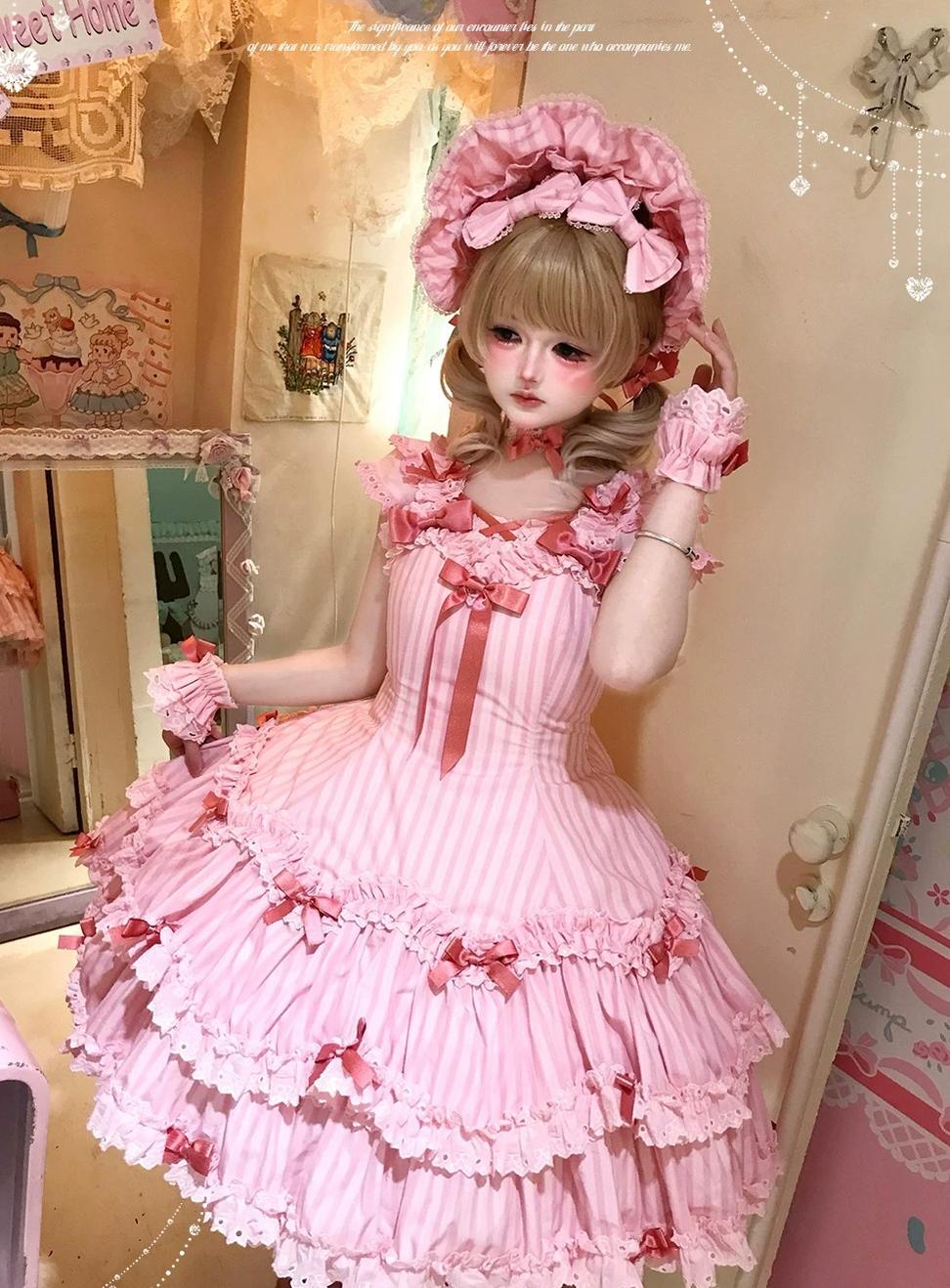 Eternal Girlhood - Six-Panel Old School Lolita Striped JSK & OP, Bow Accents 45811:863033