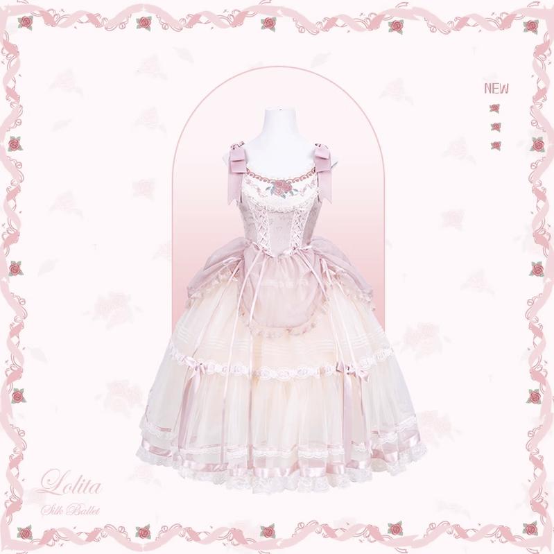 Flower and Pearl Box~Silk Ballet~Wedding Lolita JSK Dress Princess Ballet Dress XS Long JSK (Pink) 