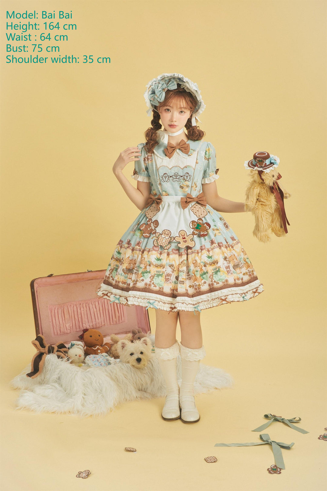 Babyblue~Little Bear Honey Jar~Kawaii Lolita Short Sleeve OP Gingerbread Man Embroidered Dress