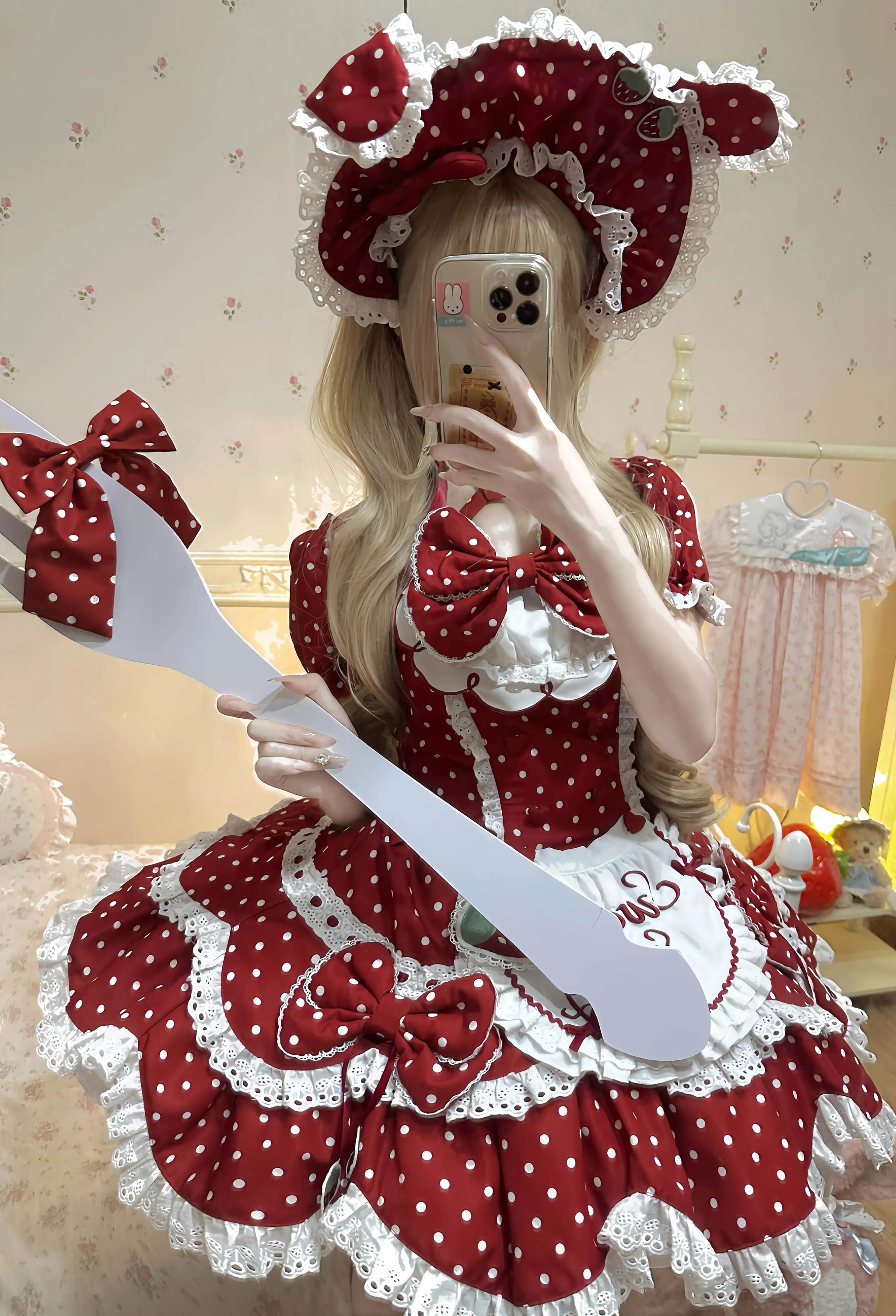 Salty Cream - Strawberry Polka Dot - Sweet Lolita JSK Dress Suit, Detachable Apron 43897:789454