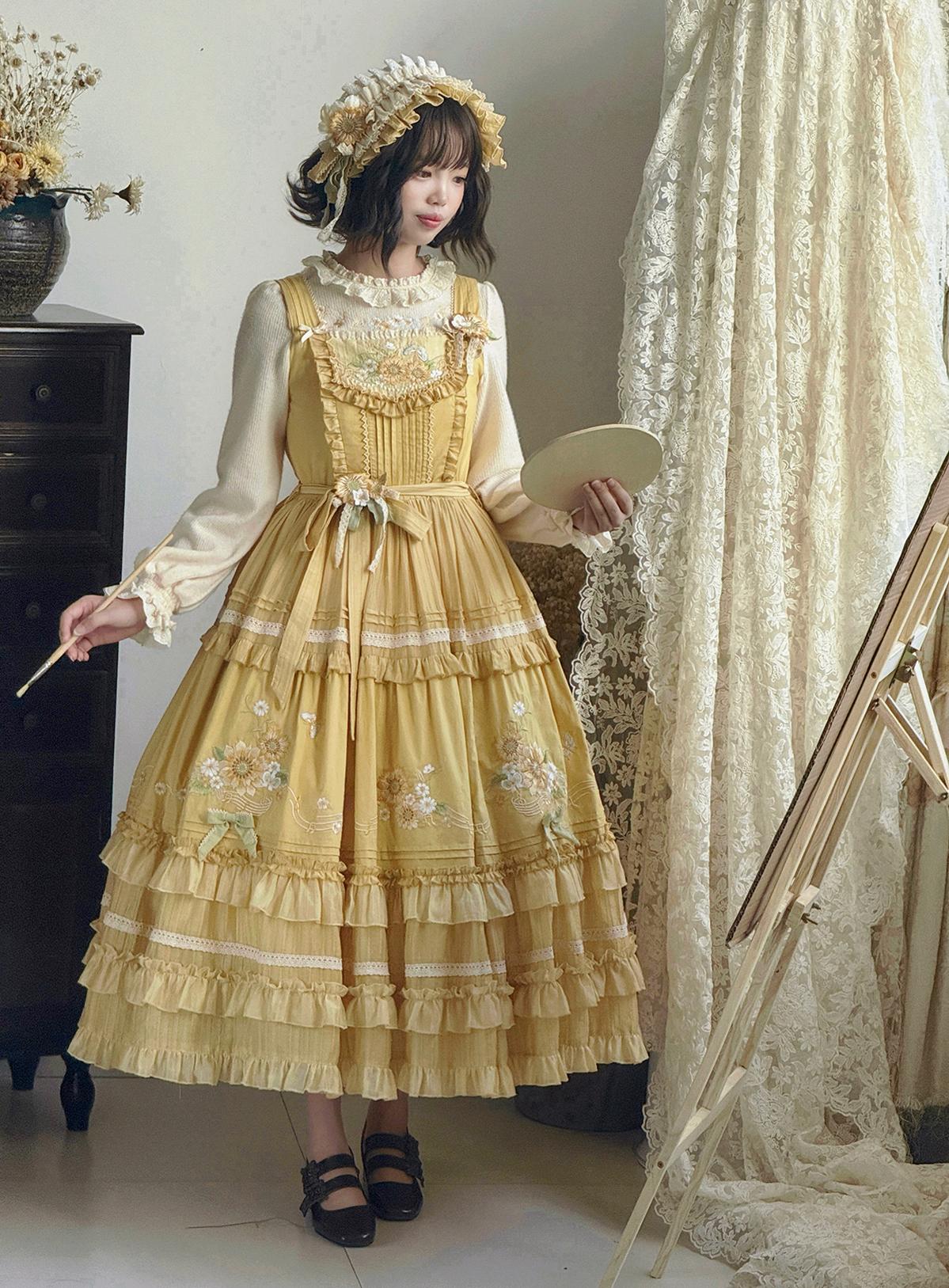 Moonlight Amber - Sunflower - Embroidered Country Lolita Dress, Tiered Skirt