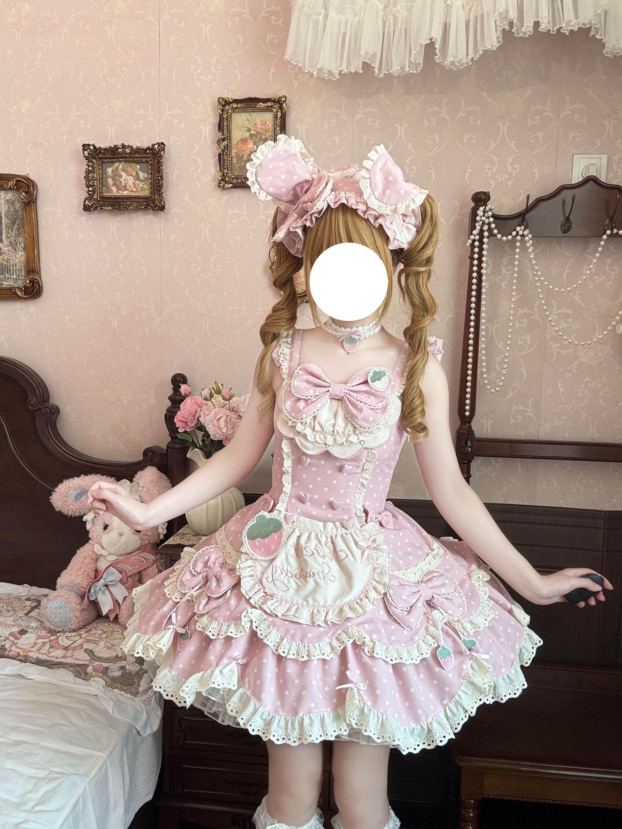 Salty Cream - Strawberry Polka Dot - Sweet Lolita OP Dress, Detachable Apron