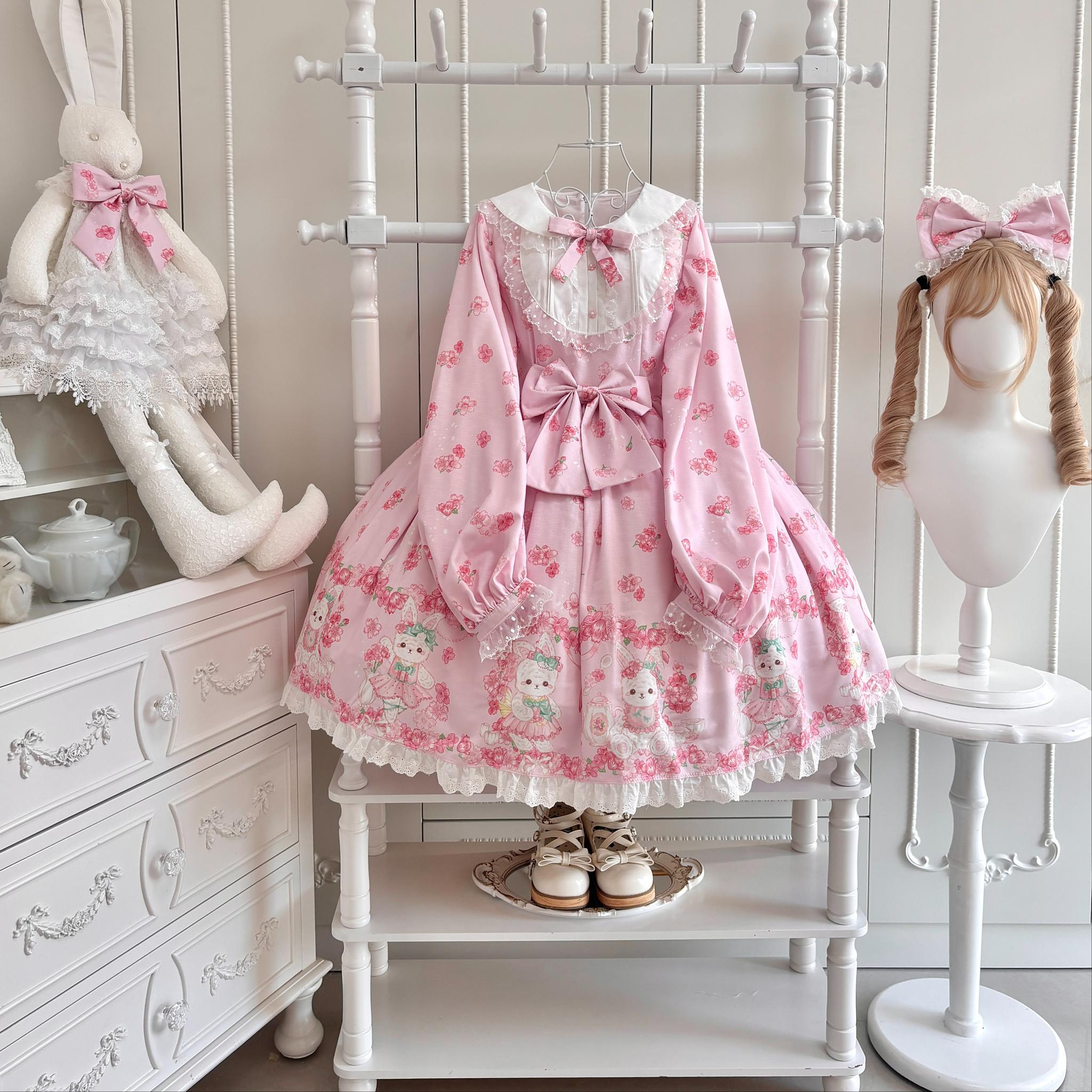 Sakura Bunny - Kawaii Lolita Sakura Print OP Dress, Side Pockets (L M S XL) 44392:806409